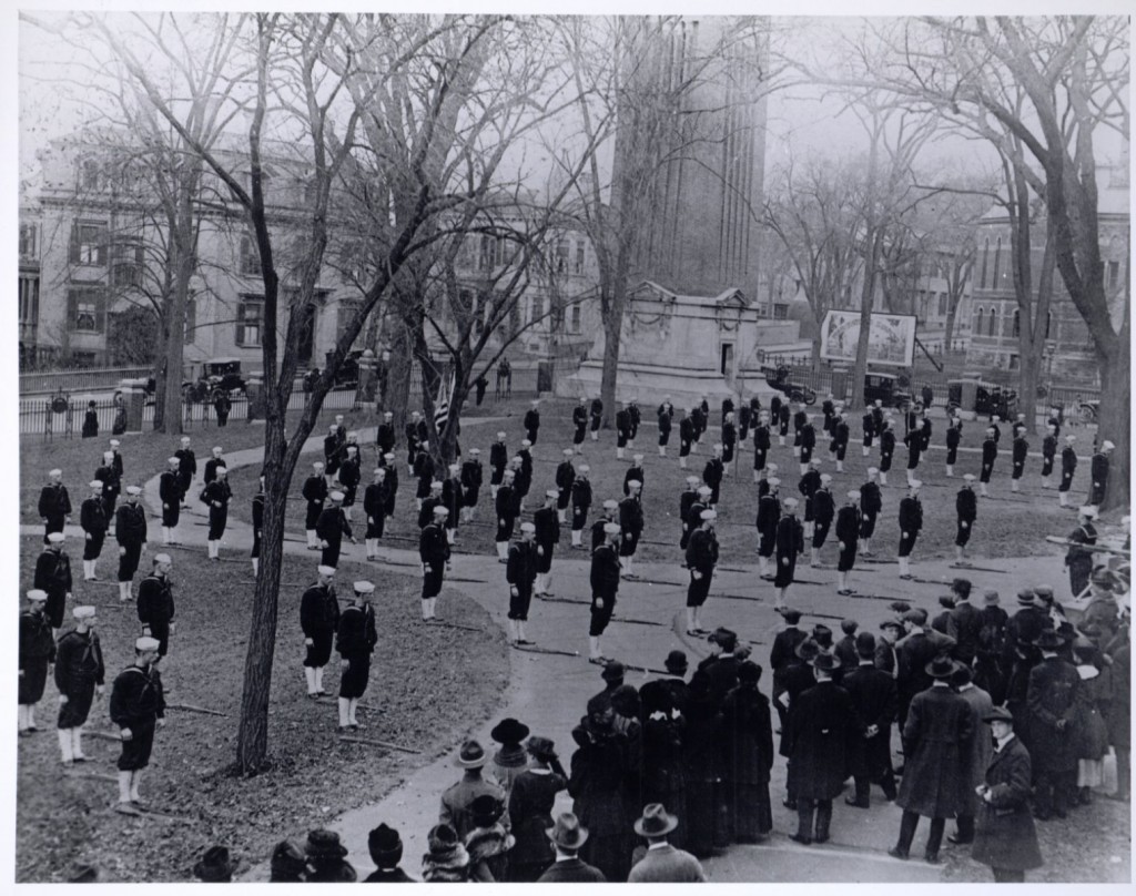 Members of the Brown's Naval Training Unit performing exercises on the lower green. 1918. Images of Brown.