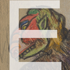 Letter "E" over artowrk of monster face, and link to Case 5 of Exhibit