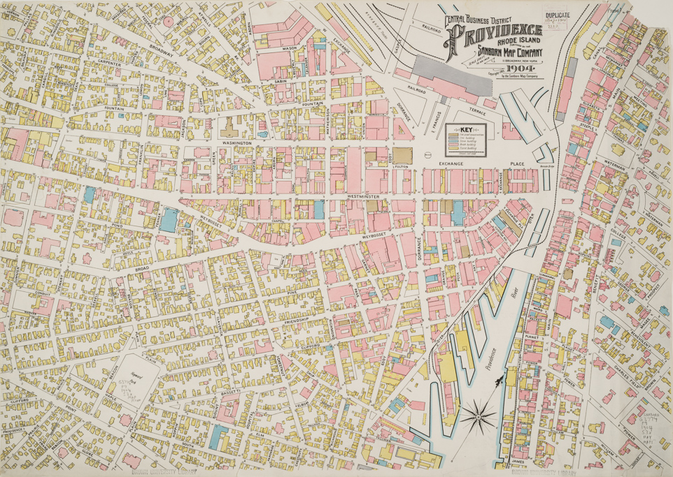 colorful map of the Central Business District of Providence in 1904 from the Sandborn Map Company
