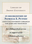 Customized digital bookplate for Patricia E. Putney, Associate University Librarian for Scholarly Resources