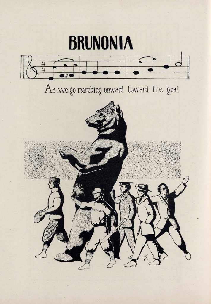 A vintage musical score titled "Brunonia," featuring an illustration of a bear in a sweater and hat standing upright, leading a group of smaller figures.