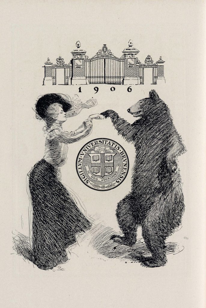 historical black and white photo of a person in a vintage bear mascot costume