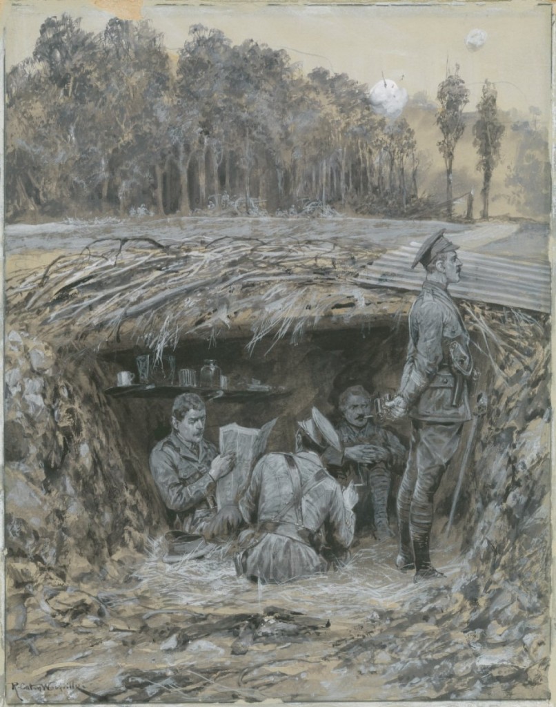 Royal Field Artillery officers relaxing in a dugout. 1914-1918. Prints, Drawings and Watercolors from the Anne S.K. Brown Military Collection.