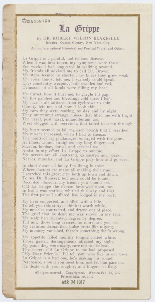 La grippe. 1917. Harris Broadsides.