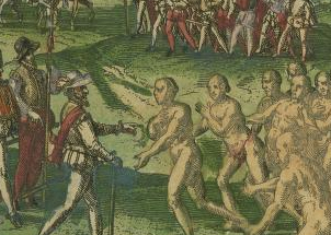 Illustration of indigenous people meeting with european colonizers