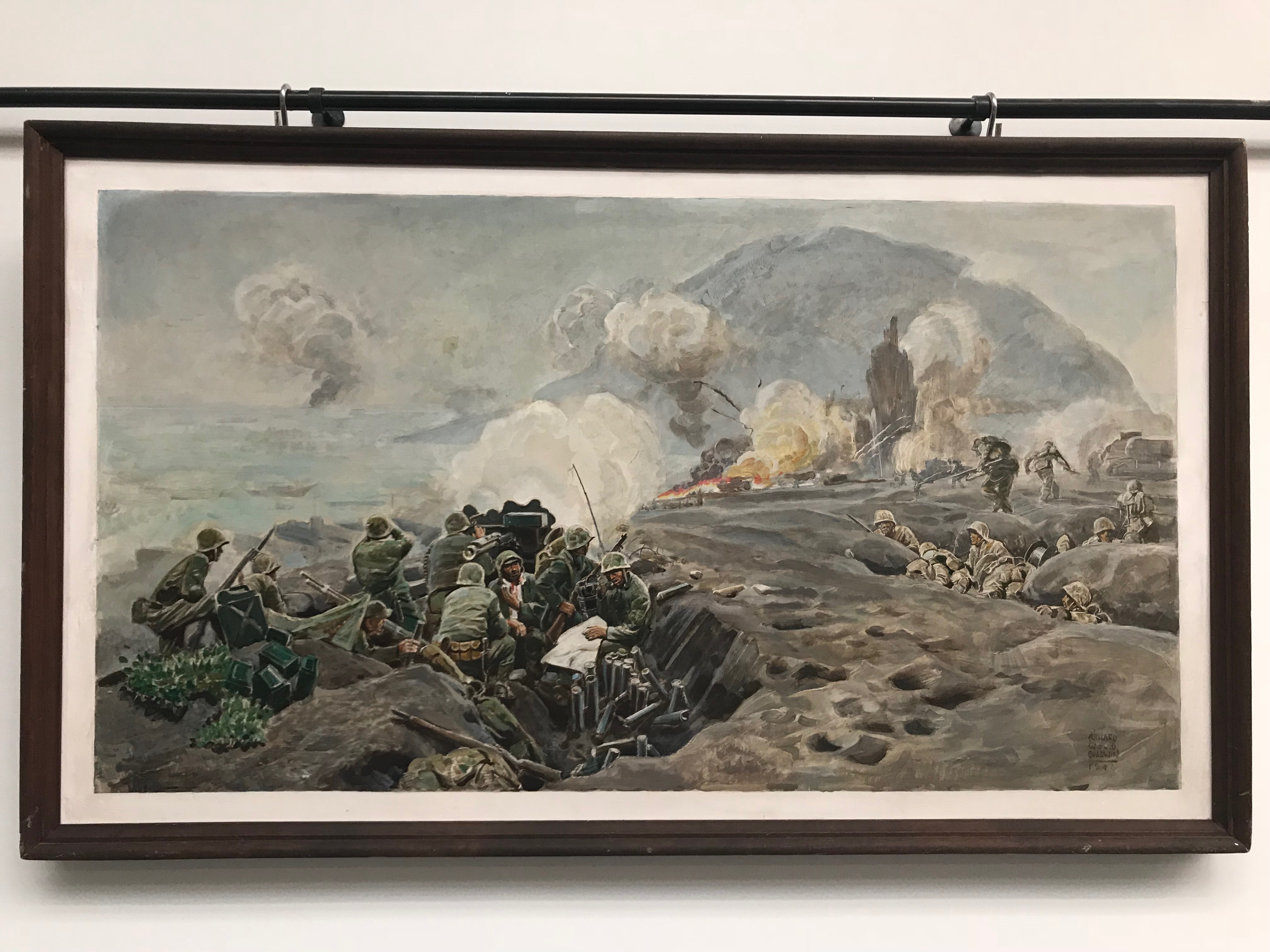 Painting of United States Marine Corps attack on Mt. Suribachi, Iwo Jima. 
