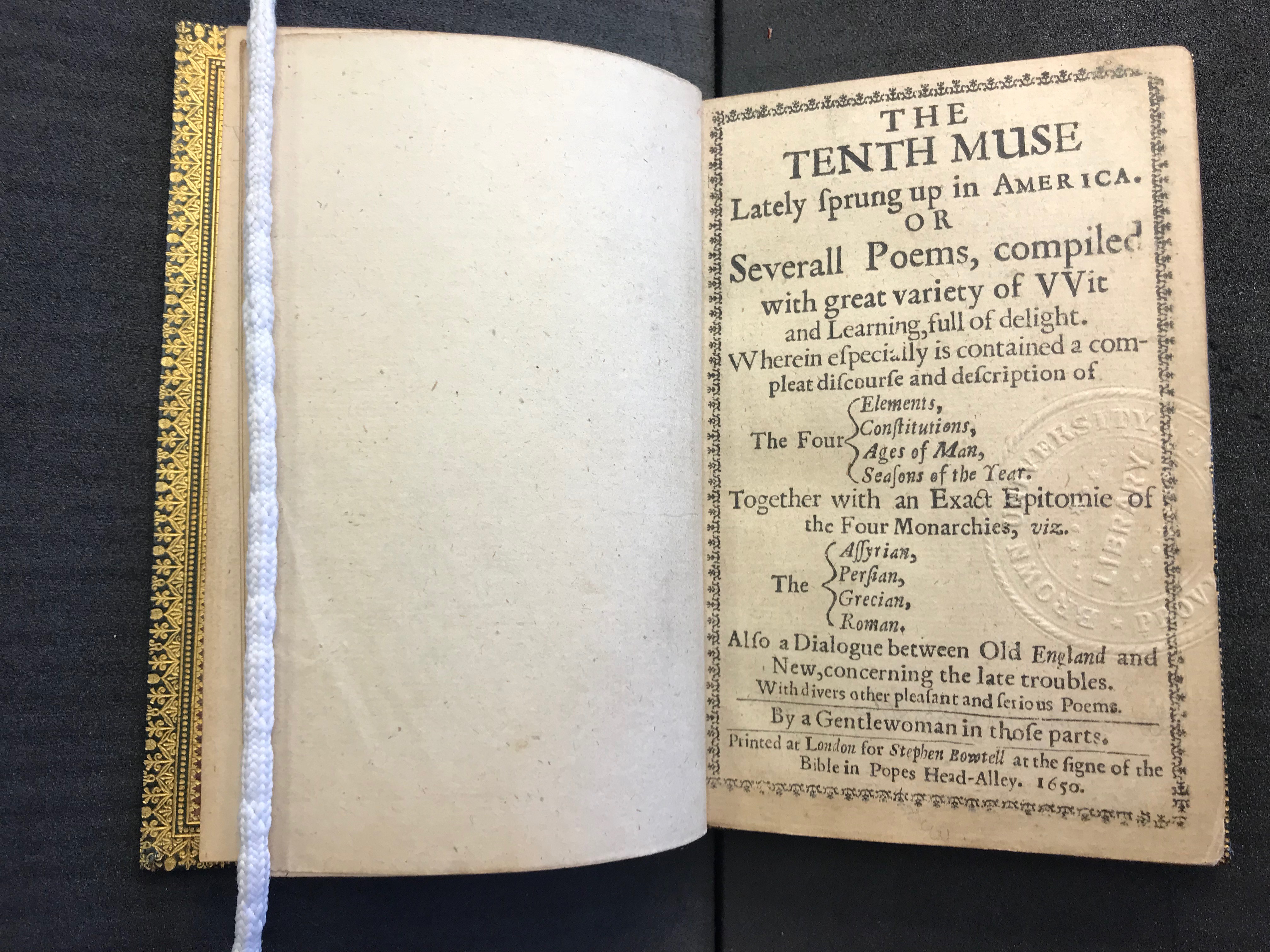 Title Page for The Tenth Muse, by Anne Bradstreet, printed 1650.