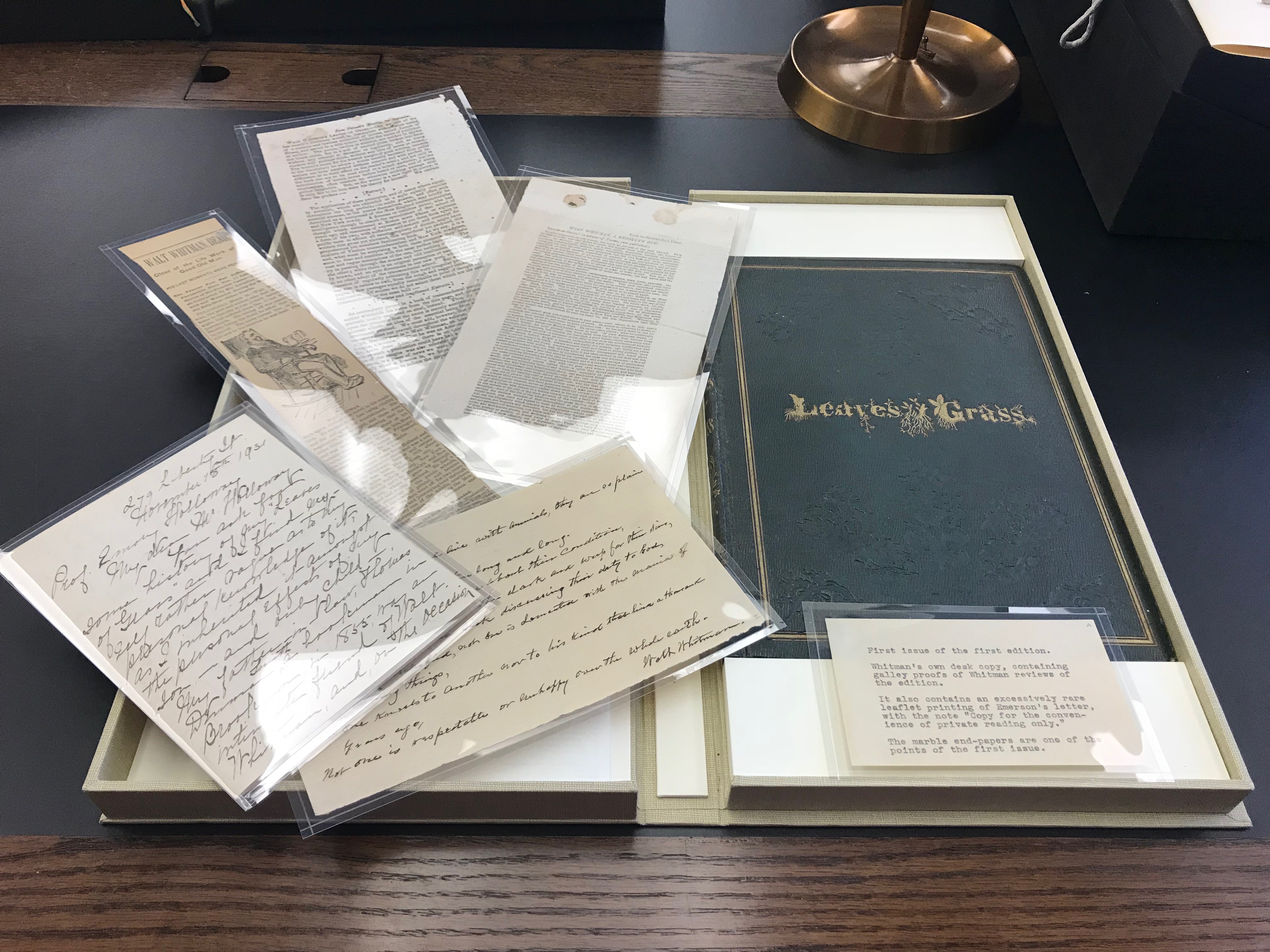 First edition Leaves of Grass with assorted letters signed by Whitman and reviews of the volume.