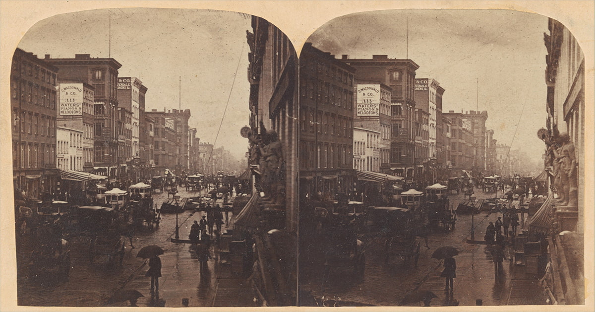 stereographic view of Broadway in New York City on a rainy day