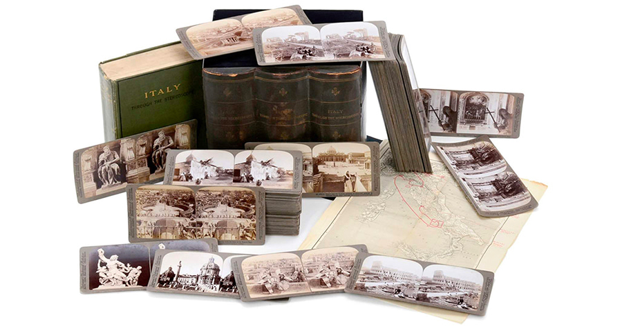 display of stereographs and books about Italy