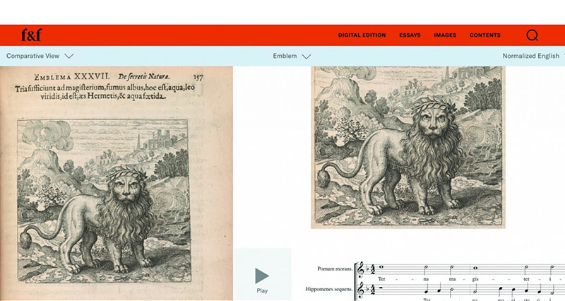 images of a lion and sheet music from the digital edition of Furnace and Fugue