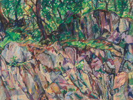 close-up detail of a painting by Abbott Gleason (known as Tom) showing brushstrokes