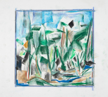 close-up detail of a painting by Abbott Gleason (known as Tom) showing brushstrokes