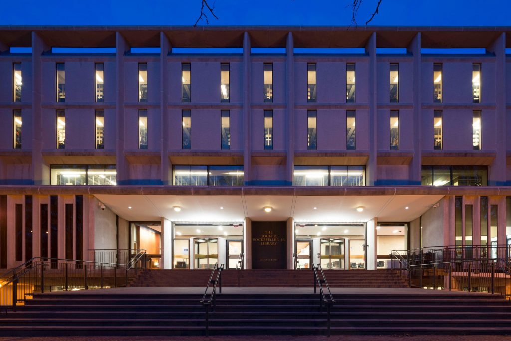 Rockefeller Library facade at dusk