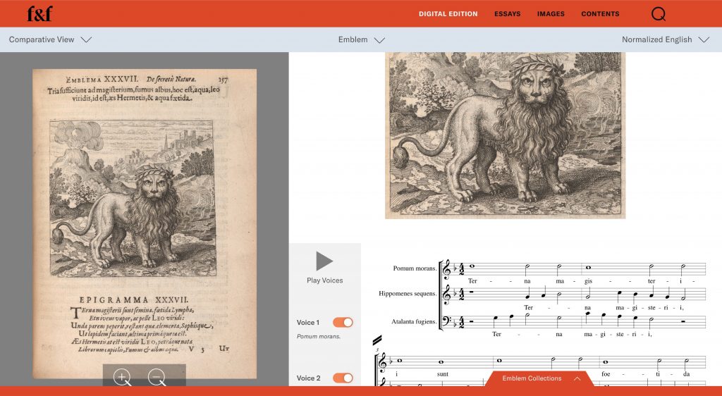 screenshot from Furnace and Fugue featuring an emblem of a lion, sheet music, and option to play musical recording
