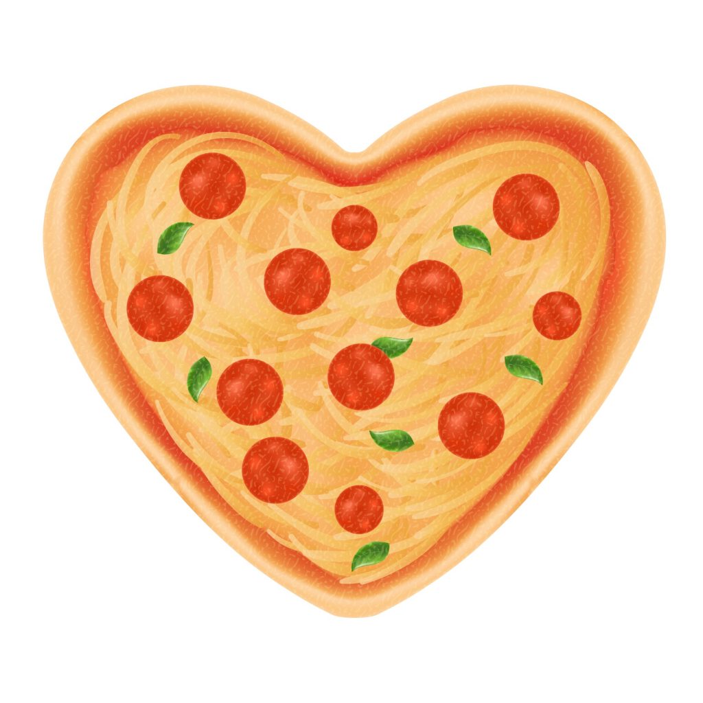 cartoon drawing of heart shaped pizza