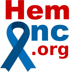 HemOnc logo with type in red and blue and the O as a blue ribbon