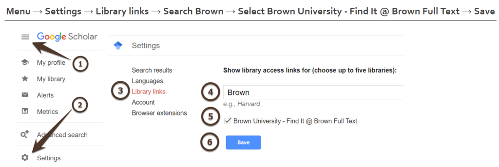 Visual instructions for setting up Brown as a Library Link in Google Scholar