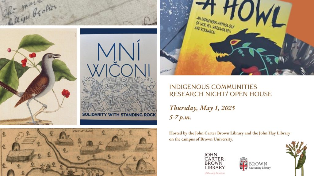 collage of materials that will be on view including a bird, wolf, woodblock print, and map