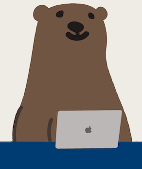 illustration of brown, smiling bear with a MacBook laptop and a navy border across the bootom