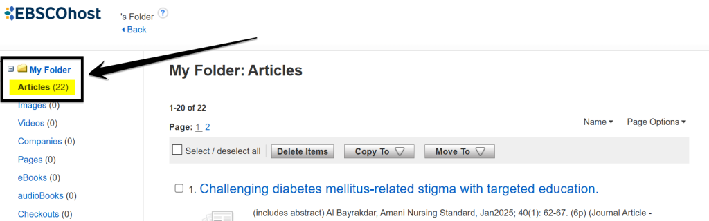 EBSCOhost account folder with Articles highlighted to indicate that these will be migrated automatically.
