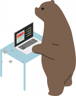 cartoon brown bear works at an open laptop on a blue table with gray stars coming off the left of the table
