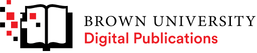 BUDP logo with a black and white book icon on the left with red and black square pixels floating of the left page and the words Brown University to the right of the icon in black with Digital Publications in red type below Brown University