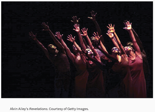 photo of dancers each holding up two spread hands and leaning to the same side in front of a black background