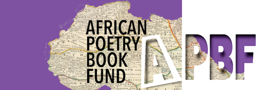 APBF logo with map of Africa on a purple background, the words African Poetry Book Fund in black over the map, the letter A in white over the map, the letters PBF to the right of the image filled partly with more of the map and partly with purple