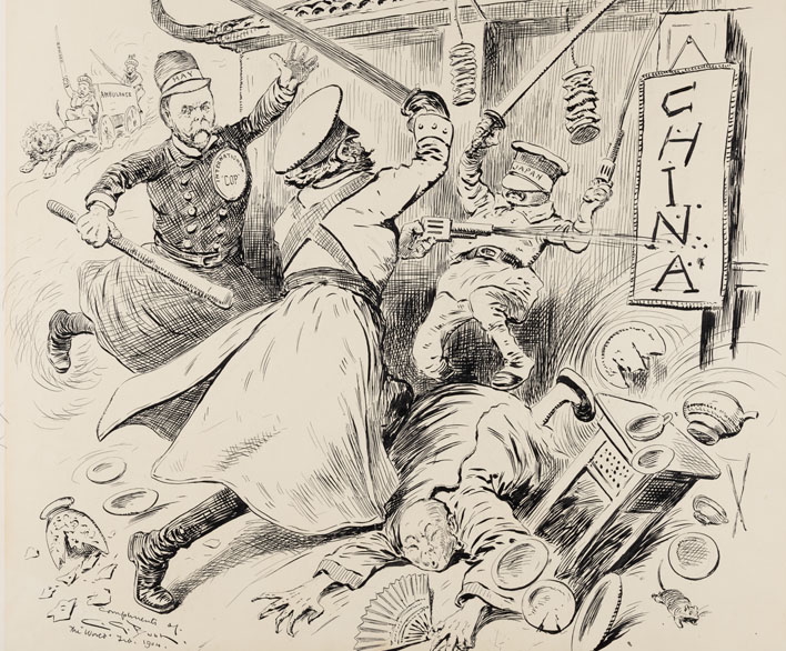 Ink and pencil on paper. This Western political cartoon captures a growing unease with imperial intervention.
