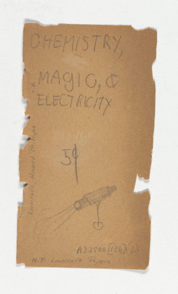 Pencil drawing on dark brown paper with the words "chemistry, magic, & electricity" written at the top, the words "Lovecraft, Howard Phillips n.d." written along the left margin, and "A32500 [186](6) H.P. Lovecraft Papers" written at the bottom. "5¢" is in the middle of the paper with a small rocket ship under it.