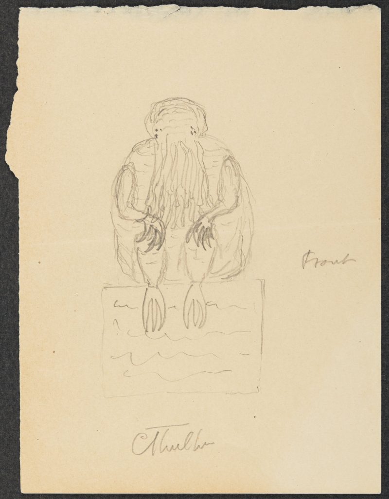 Pencil drawing of Cthulhu on brown paper. Figure of a humanoid creature with a squid-like head and long tentacles like a beard sitting on a black with claw hands on knees and claw feet dangling. "Front" is written to the right and "Cthulhu" is written at the bottom.