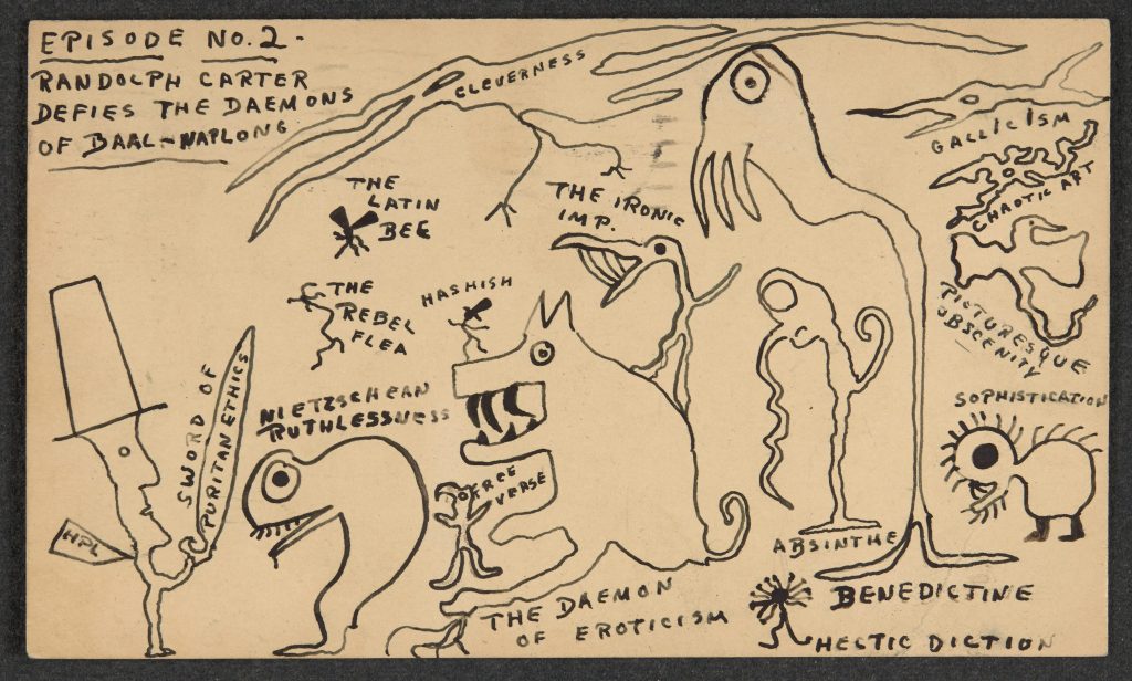 drawing of creatures from Lovecraft's writing and one of the author holding a sword in black ink on brown paper