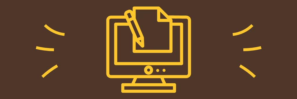 brown rectangle with line illustration in gold of desktop computer behind a piece of paper and pencil with hash marks on either side 