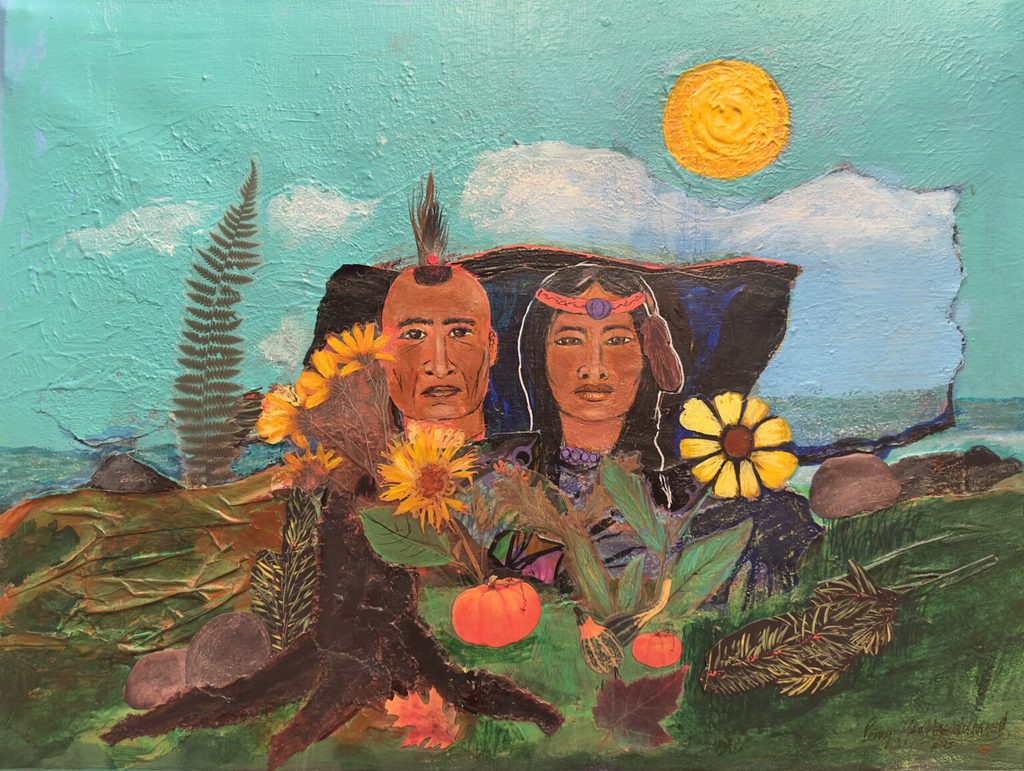 A painting of two Native persons in a landscape setting