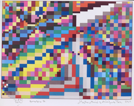 Digital work printed on paper. Colorful. Includes geometric shapes.