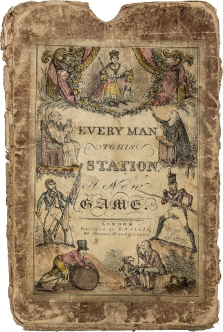 Brown cardstock. Central image has male figures arrayed at various occupational tasks; a king is at top. Title in center.