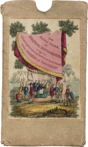 Thin brown cardstock. Image at center - courtiers signing a document under a tent