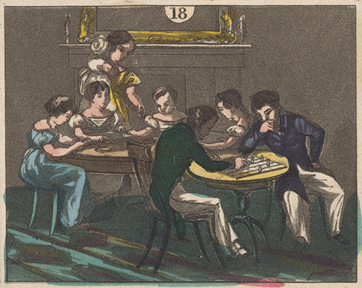 Adults gathered around tables playing board games; women at the left table and men at the right.