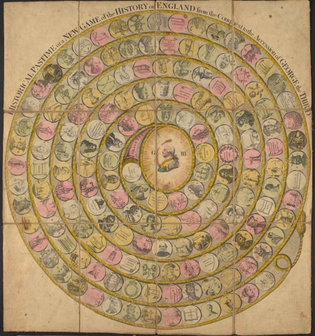 Circular board with many colored bubbles spiraling outward from a central portrait of King George the Third. Each bubble has a printed image.