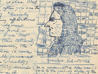 A letter with a drawing of a man in front of bookshelves