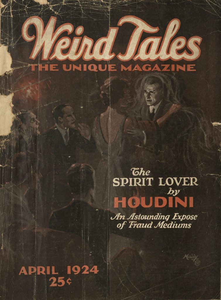 Fig. 4a. <em>Weird Tales</em> magazine cover. April 1924. First published in 1921 in <em>The Wolverine</em>, “Arthur Jermyn” was republished, against Lovecraft’s wishes not to change the title, as “The White Ape” in the April 1924 issue of <em>Weird Tales</em>.