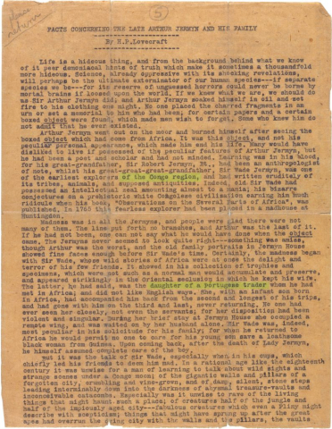 4ci. H. P. Lovecraft. “Facts Concerning the Late Arthur Jermyn & His Family.” [n.d.; c. 1922–23] Page 1.