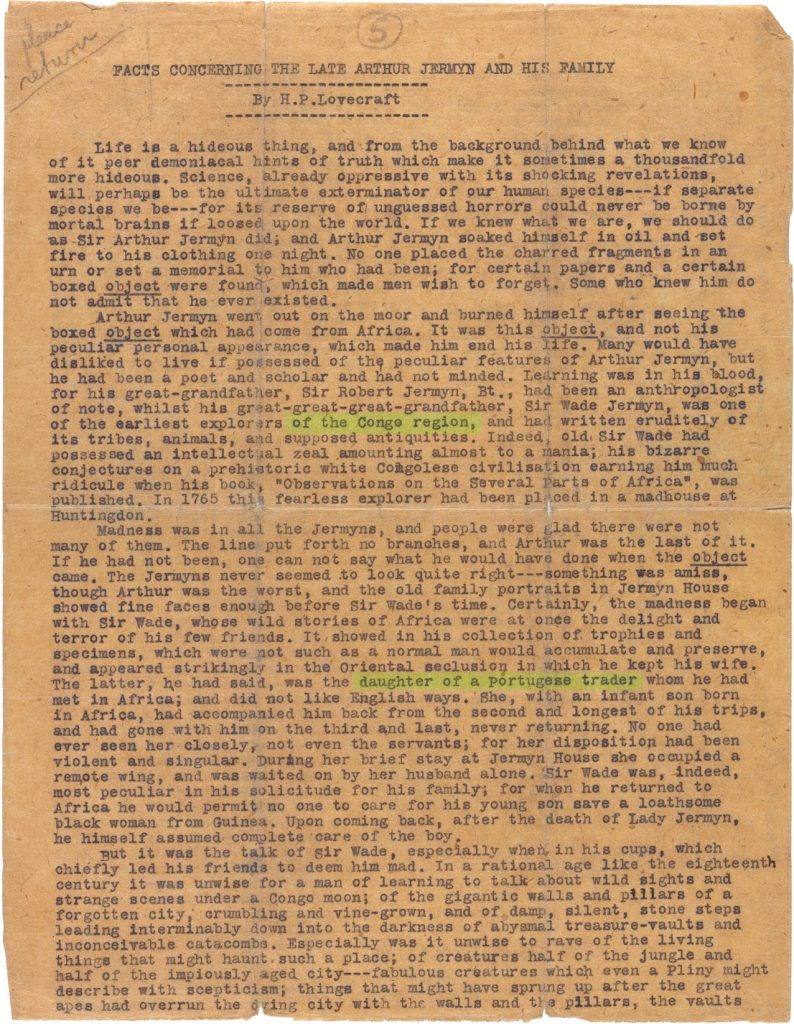 4ci. H. P. Lovecraft. “Facts Concerning the Late Arthur Jermyn & His Family.” [n.d.; c. 1922–23] Page 1.