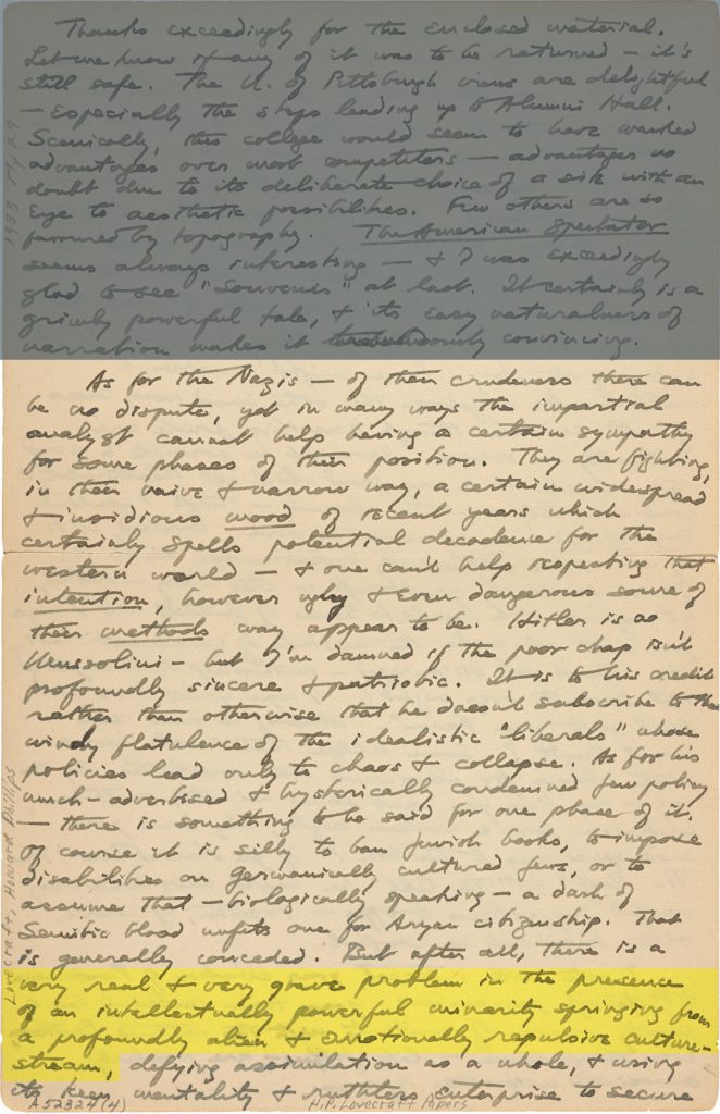 Fig. 2di. H. P. Lovecraft. Lovecraft, Howard P. to Shea, J. Vernon, May 29th, 1933. Page 8.