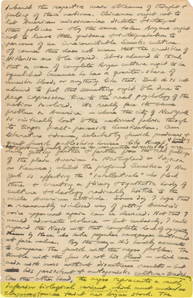 Fig. 2diii. H. P. Lovecraft. Lovecraft, Howard P. to Shea, J. Vernon, May 29th, 1933. Page 10.