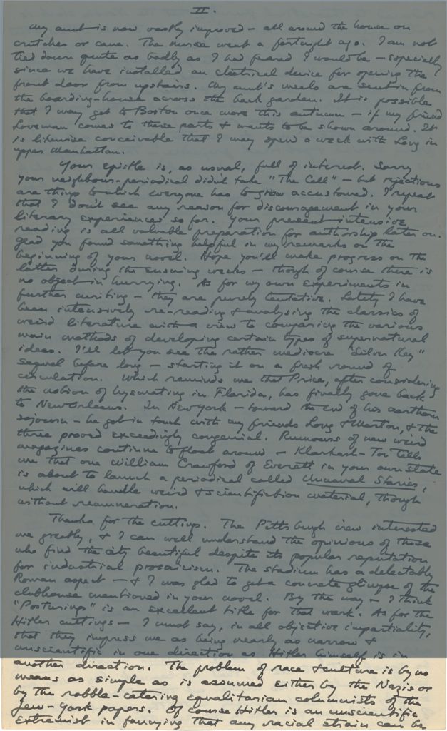 Fig. 2fi. H. P. Lovecraft. Lovecraft, Howard P. to Shea, J. Vernon, September 25, 1933. Page 3.