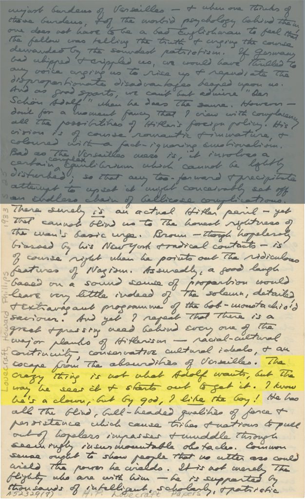 Fig. 2fvii. H. P. Lovecraft. Lovecraft, Howard P. to Shea, J. Vernon, September 25, 1933. Page 16.