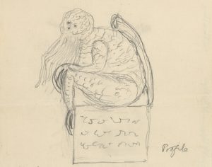 H.P. Lovecraft's original 1934 pencil sketch of the Great Old One, Cthulhu, sitting on an inscribed pedestal.