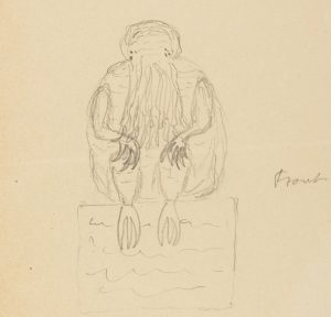 A hand-drawn sketch by H.P. Lovecraft depicting the Great Old One, Cthulhu, showing its iconic tentacled face and clawed limbs in a crouched position.